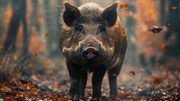 A pig stands in a forest during fall, with mist swirling around it. photo