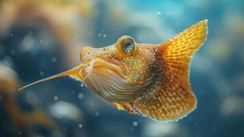 A close-up image of a colorful fish with striking blue and orange markings, photo