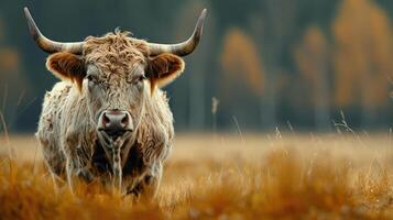 A large, brown bull with long horns walking across a field of tall grass during autumn. photo