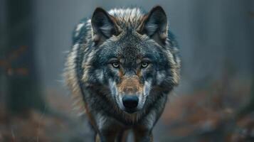 the powerful presence of a gray wolf walking through a misty forest with its piercing gaze and impos photo
