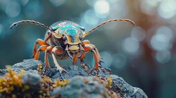 A brightly colored bug with vivid blue and red markings perched on a mossy, rock surface. photo