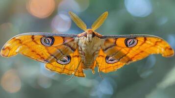 A brightly colored butterfly with a distinct pattern of yellow wings and orange body. photo