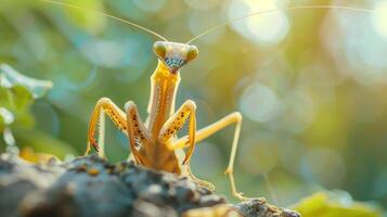 A close-up photo of a vibrant praying mantis, with its brightly colored eyes and intricate patterns.