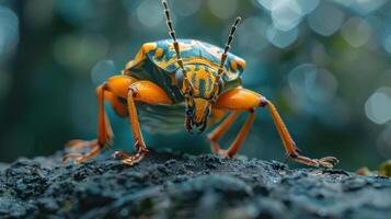 Close up of a colorful beetle with long antennae standing on wet surface. photo