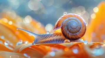 a snail on a vibrant orange flower with water droplets glistening around it. photo