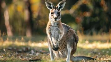 features a kangaroo standing in what appears to be a forest setting during sunrise or sunset, photo