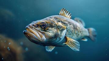 A close-up image of a barracuda underwater, featuring its distinct spotted pattern. photo