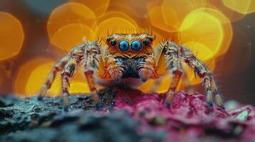 Spider sitting on a web in the middle of the photo with a soft focus background and glowing spots.