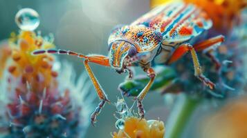 A close-up photo of a vibrant, multi-colored bug or beetle, possibly in the genus Acridoidea,
