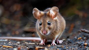 A small, cute brown and white field mouse looking directly at the camera. photo