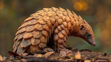 A single pangolin standing on a forest floor. photo