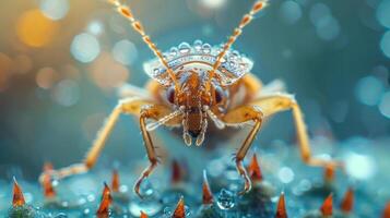 Close-up of a red ant with droplets of dew on its back. photo
