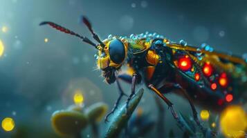 A bee adorned with LED light effects, glowing with warmth and vibrancy against a dark background. photo