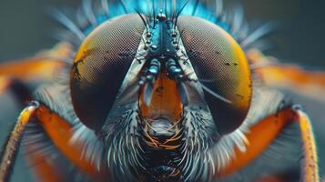 A close-up of a striped wasp's face, showing its large eyes and vibrant colors. photo