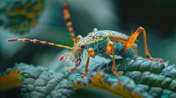 A colorful bug crawling on a green leaf with a blurred background. photo