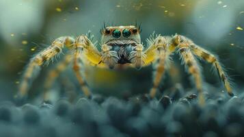 A close-up of a spider with vivid green eyes and two sets of legs, set against a darker background. photo
