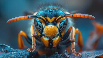 A close-up of a bee's head, showing its distinctive colors and markings. photo