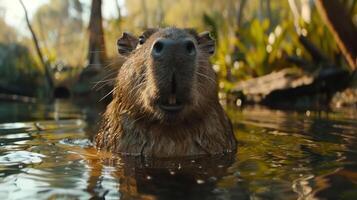 A rat swimming through a flooded area, possibly looking disheveled or uncomfortable. photo
