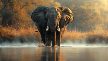 Adult elephant walking through a river with its trunk raised, surrounded by natural vegetation. photo