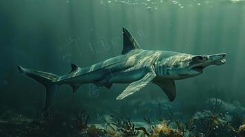 Underwater view of a shark swimming towards the camera. photo