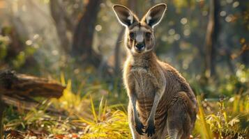 A young kangaroo standing on grass with a backdrop of trees, sunlight filtering through. photo