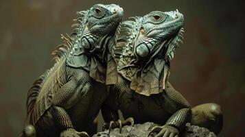 Two bearded dragons sit on a surface with textures. Their scales and patterns are visible. photo