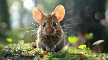 A tiny mouse peeking from the brush with its ears perked up, exuding an adorable charm. photo