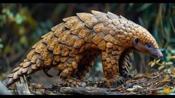 A pangolin with a coat covered in pine cones, walking through the forest. photo