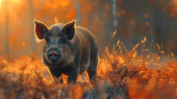 A pig is seen walking along a path in the woods during sunset, with leaves on trees turning color. photo
