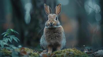 A small rabbit with large ears and twinkling eyes stands on a forest floor surrounded by foliage, photo