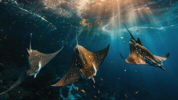 Three stingrays swimming in a clear ocean with sunlight filtering through the water. photo