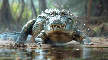 A large alligator standing in water, possibly indicating a predator-prey scenario. photo