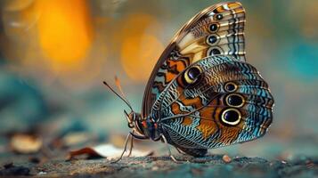 a beautiful butterfly with vibrant colors resting on the ground. photo