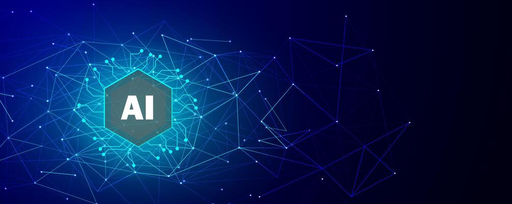 Artificial intelligence blue background technology. Logo machine learning concept bg. Abstract circuit board AI. illustration