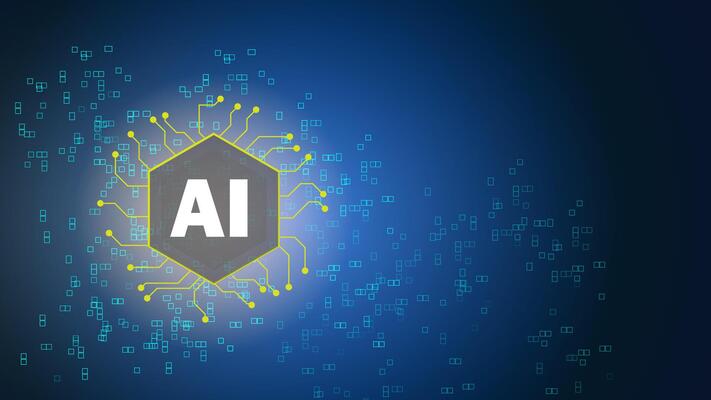 Artificial intelligence blue background. Logo machine learning concept bg. Abstract circuit board AI. illustration