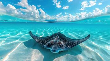 Two stingrays rest on a sandy ocean floor, one of which is partially submerged in the water, photo