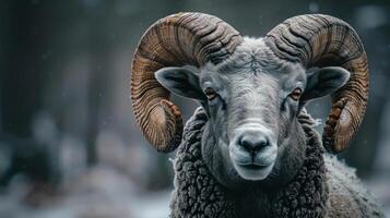 Close-up portrait of a majestic ram with large curved horns and expressive eyes, photo
