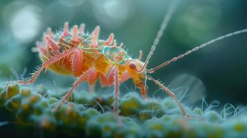 A close-up image of a vividly colored insect, possibly a sea creature like a shrimp or crab, photo