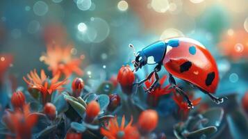 A vibrant image of a ladybug walking on the ground among a field filled with red flowers and green p photo