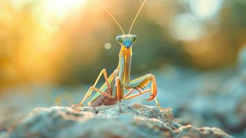 A beautiful mantis perched on a rock, facing the camera with its intricate patterns visible. photo