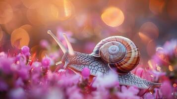 Close up photo of a snail on pink flowers with soft bokeh in the background,