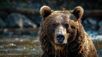 A large brown bear wading through a river on a sunny day. photo