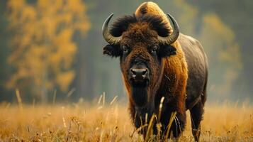 A bison stands majestically amidst a backdrop of trees, grasses and an overcast sky. photo