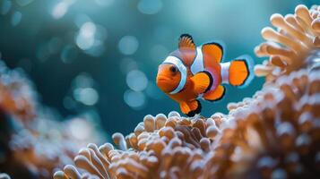 Finding Nemo on a vibrant coral reef with the Great Barrier Reef in the background. photo