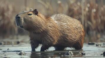 A close-up image of a water rat, captured in the wild as it crosses through swampy marshland. photo