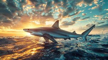 A close-up of a shark swimming towards the camera during dusk, as the sun sets in the background. photo