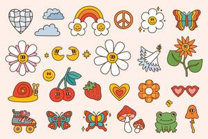 Retro set with groovy elements. Colorful illustration in vintage style. Hippie style 60s 70s. vector
