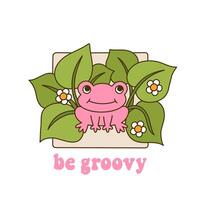 Seventies retro slogan Be Groovy. Frog in leaves with daisies. Colorful illustration and lettering in vintage style. 70s 60s vector