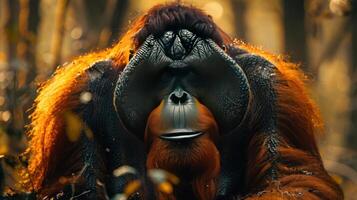 A photograph of a gibbon monkey with its face pressed against the camera, photo