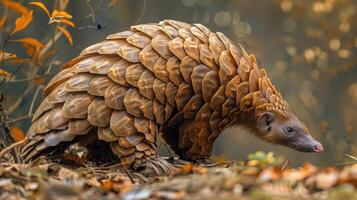 A pangolin walking on a forest floor with autumn leaves photo